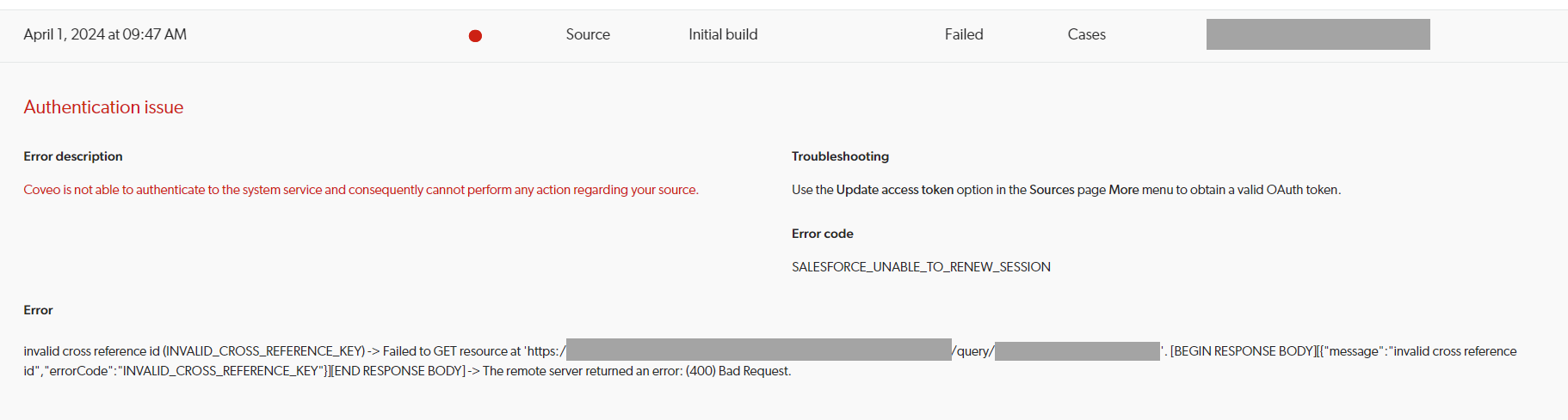 Salesforce source authentication issue with invalid cross reference key ...
