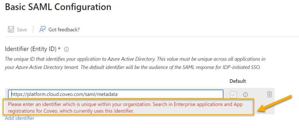 Error in Azure SAML Configuration: Duplicate Identifier